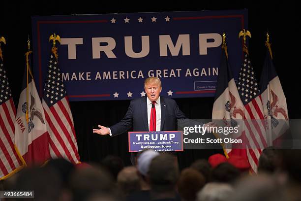 Republican presidential candidate Donald Trump speaks to guests at a campaign rally at Burlington Memorial Auditorium on October 21, 2015 in...