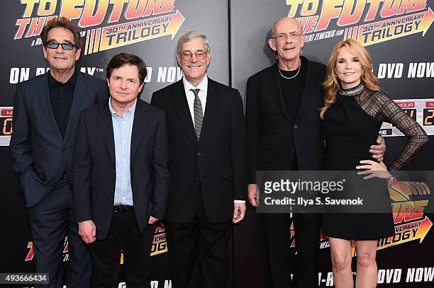 Huey Lewis, Michael J. Fox, Bob Gale, Christopher Lloyd, and Lea Thompson attend the Back to the Future reunion with fans in celebration of the Back...