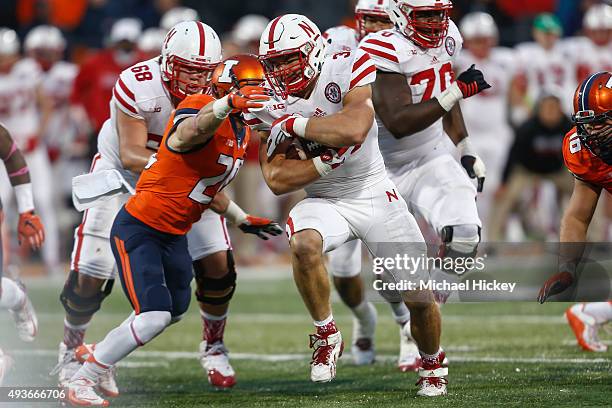 Andy Janovich of the Nebraska Cornhuskers runs the ball against the Illinois Fighting Illini at Memorial Stadium on October 3, 2015 in Champaign,...