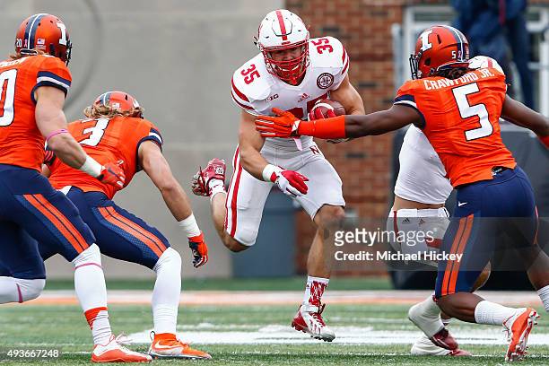 Andy Janovich of the Nebraska Cornhuskers runs the ball against the Illinois Fighting Illini at Memorial Stadium on October 3, 2015 in Champaign,...
