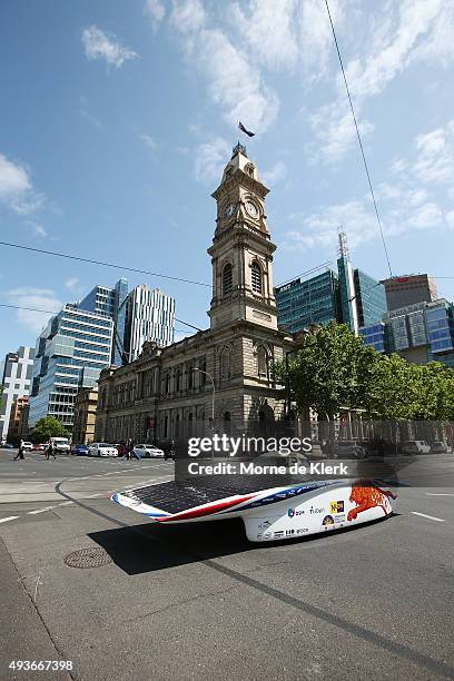 The Nuon Solar Team of the Netherlands about to cross the finish line to win the 2015 Bridgestone World Solar Challenge at Victoria Square on October...
