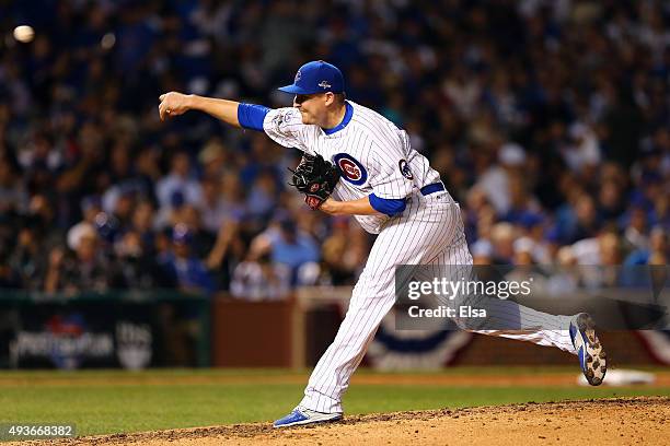 Trevor Cahill of the Chicago Cubs throws a pitch in the sixth inning against the New York Mets during game four of the 2015 MLB National League...