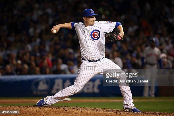 Trevor Cahill of the Chicago Cubs throws a pitch in the sixth inning against the New York Mets during game four of the 2015 MLB National League...