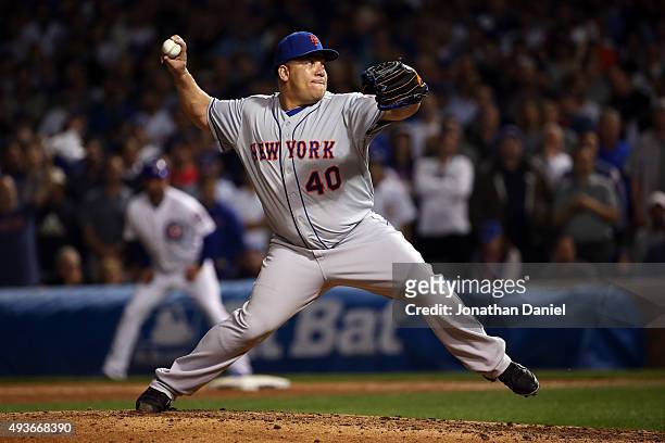 Bartolo Colon of the New York Mets throws a pitch in the fifth inning against the Chicago Cubs during game four of the 2015 MLB National League...