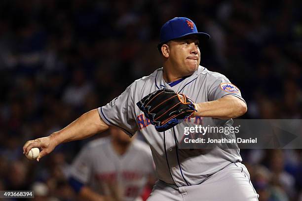 Bartolo Colon of the New York Mets throws a pitch in the fifth inning against the Chicago Cubs during game four of the 2015 MLB National League...