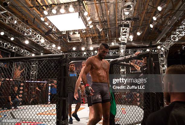 Mehdi Baghdad exits the cage after his loss to Julian Erosa during the filming of The Ultimate Fighter: Team McGregor vs Team Faber at the UFC TUF...