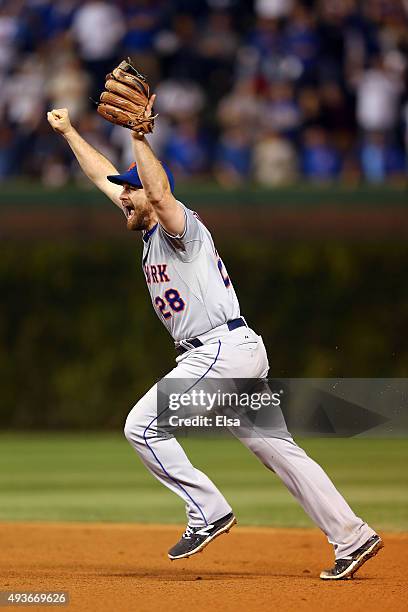 Daniel Murphy of the New York Mets celebrates after defeating the Chicago Cubs in game four of the 2015 MLB National League Championship Series at...