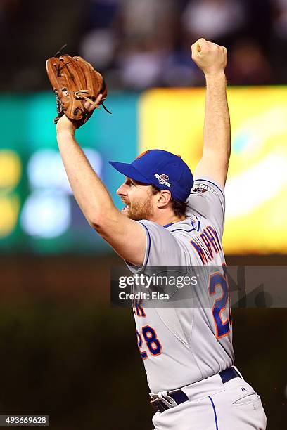 Daniel Murphy of the New York Mets celebrates after defeating the Chicago Cubs in game four of the 2015 MLB National League Championship Series at...