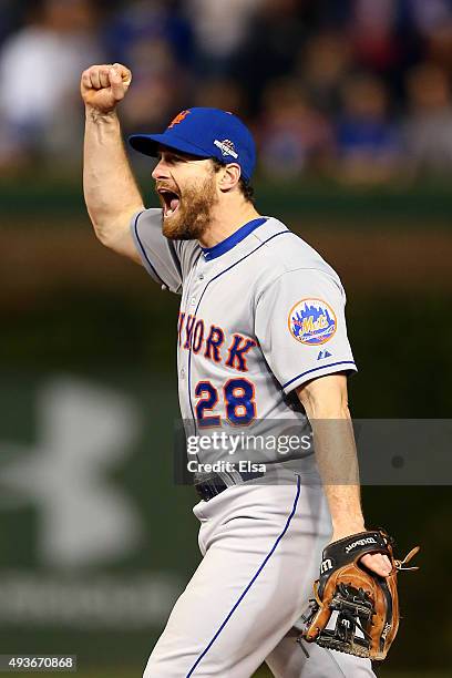 Daniel Murphy of the New York Mets celebrates after defeating the Chicago Cubs in game four of the 2015 MLB National League Championship Series at...