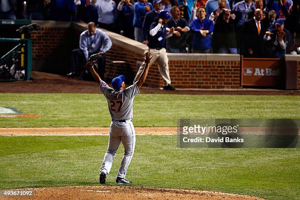 Jeurys Familia of the New York Mets celebrates after defeating the Chicago Cubs in game four of the 2015 MLB National League Championship Series at...