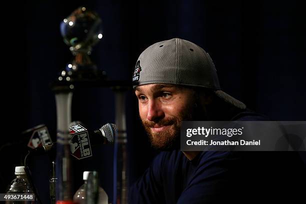 Daniel Murphy of the New York Mets speaks during a press conference after defeating the Chicago Cubs in game four of the 2015 MLB National League...