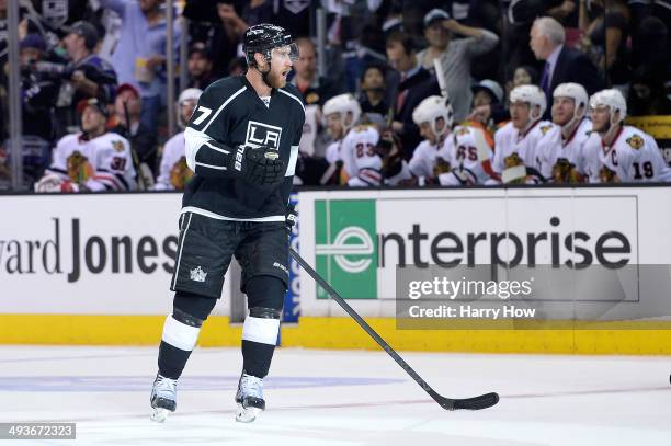 Jeff Carter of the Los Angeles Kings celebrates after Carter scores a second period goal against the Chicago Blackhawks in Game Three of the Western...