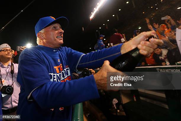 Manager Terry Collins of the New York Mets celebrates on field after defeating the Chicago Cubs in game four of the 2015 MLB National League...