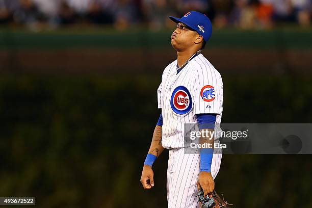 Starlin Castro of the Chicago Cubs reacts against the New York Mets during game four of the 2015 MLB National League Championship Series at Wrigley...