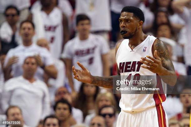 Udonis Haslem of the Miami Heat reacts after a play against the Indiana Pacers during Game Three of the Eastern Conference Finals of the 2014 NBA...