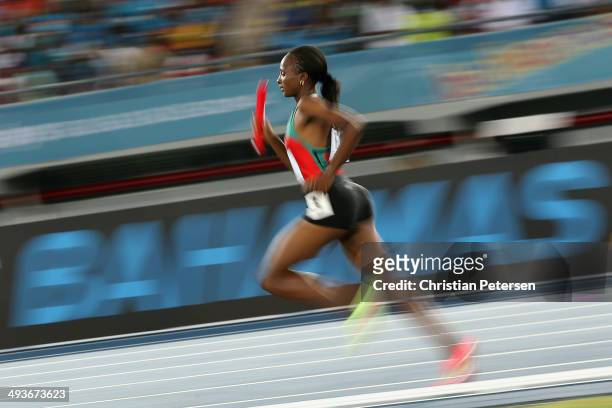Hellen Onsando Obiri of Kenya competes in win the Women's 4x1500 metres relay during day one of the IAAF World Relays at the Thomas Robinson Stadium...