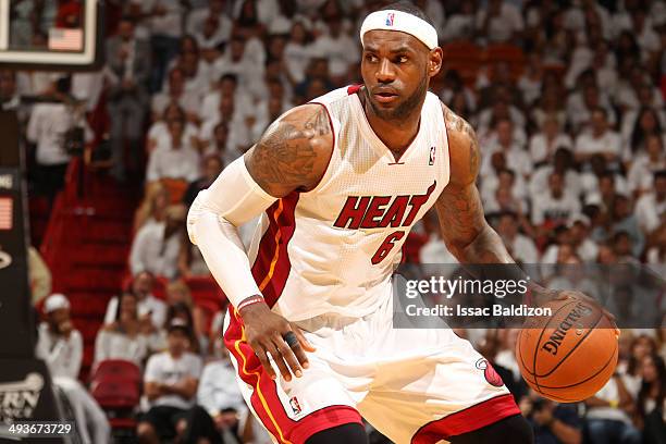 LeBron James of the Miami Heat handles the ball against the Indiana Pacers in Game Three of the Eastern Conference Finals during the 2014 NBA...