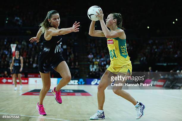 Kayla Cullen of New Zealand competes with Paige Hadley of Australia for the ball during the International Netball Test Match between the New Zealand...
