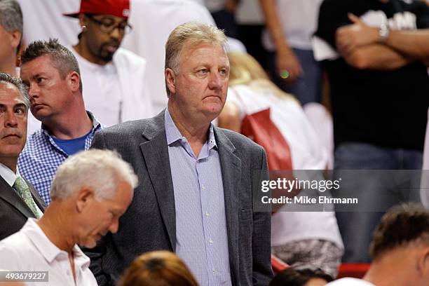 Team President Larry Bird of the Indiana Pacers looks on against the Miami Heat during Game Three of the Eastern Conference Finals of the 2014 NBA...