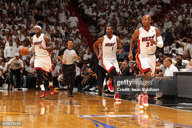 LeBron James, Chris Bosh and Ray Allen of the Miami Heat hustle up court against the Indiana Pacers in Game Three of the Eastern Conference Finals...