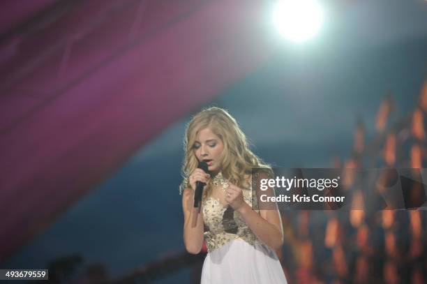 Jackie Evancho performs during the rehearsal of the 25th Anniversary Broadcast Of The National Memorial Day Concert at U.S. Capital, West Lawn on May...