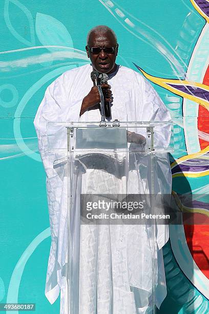 President Lamine Diack speaks during day one of the IAAF World Relays at the Thomas Robinson Stadium on May 24, 2014 in Nassau, Bahamas.