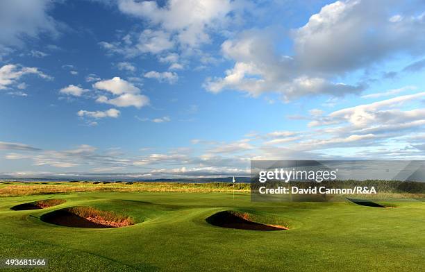 The green on the 370 yards par 4, 1st hole 'Seal' on the Old Course at Royal Troon venue for the 2016 Open Championship on July 29, 2015 in Troon,...