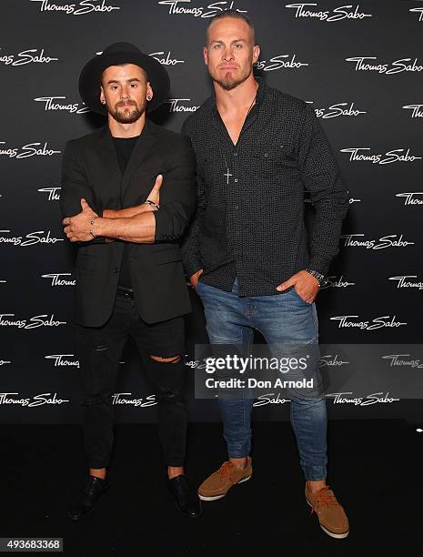 Nathan McCallum and Matt Cooper arrive ahead of the Thomas Sabo 10 Year Celebration Cocktail Party at Zeta Bar on October 22, 2015 in Sydney,...