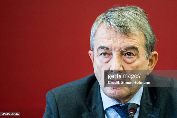 President Wolfgang Niersbach attends a press conference to inform about FIFA World Cup 2006 Investigations at DFB Headquarter on October 22, 2015 in...