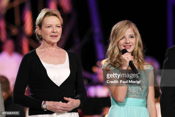 Dianne Wiest and Jackie Evancho perform at the show finale at the 25th National Memorial Day Concert rehearsals at U.S. Capitol West Lawn on May 24,...