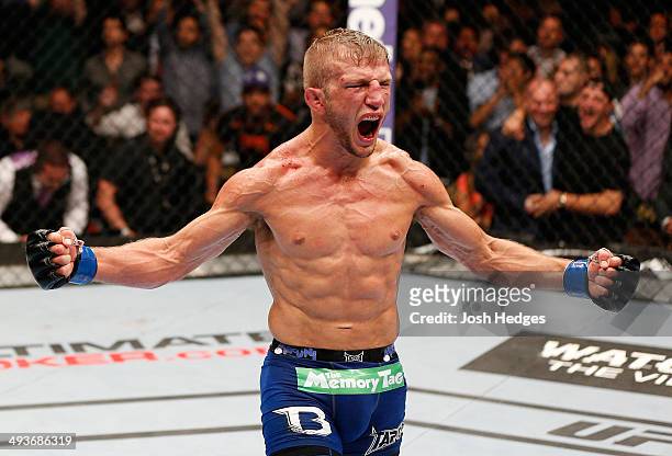 Dillashaw reacts to his victory over Renan Barao in their bantamweight championship bout during the UFC 173 event at the MGM Grand Garden Arena on...
