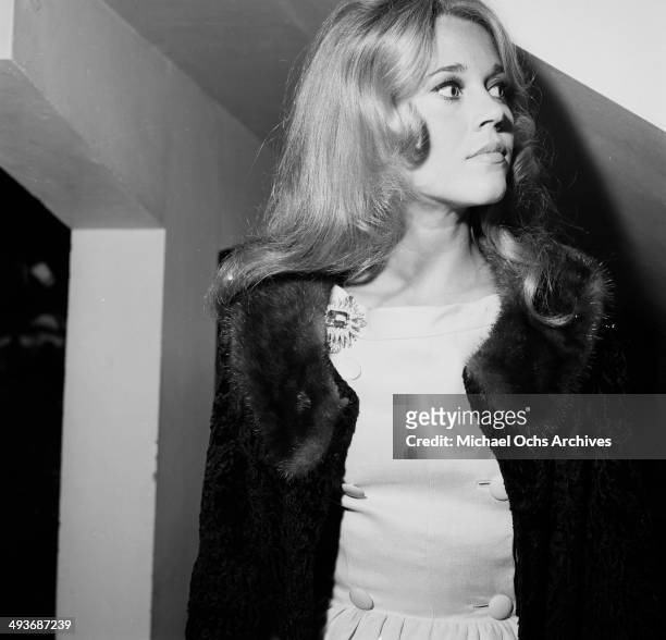 Actress Jane Fonda and husband Roger Vadim attend a party in Los Angeles, California.