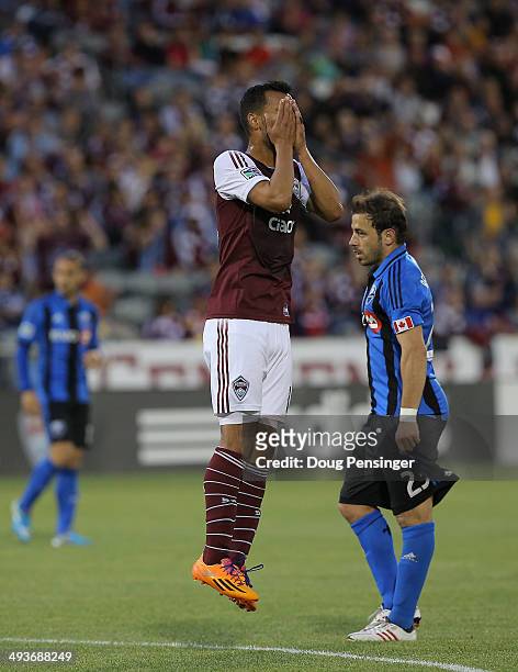 Kamani Hill of the Colorado Rapids reacts after missing a shot on goal against the Montreal Impact at Dick's Sporting Goods Park on May 24, 2014 in...