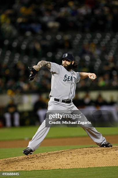 Joe Beimel of the Seattle Mariners pitches during the game against the Oakland Athletics at O.co Coliseum on May 5, 2014 in Oakland, California. The...