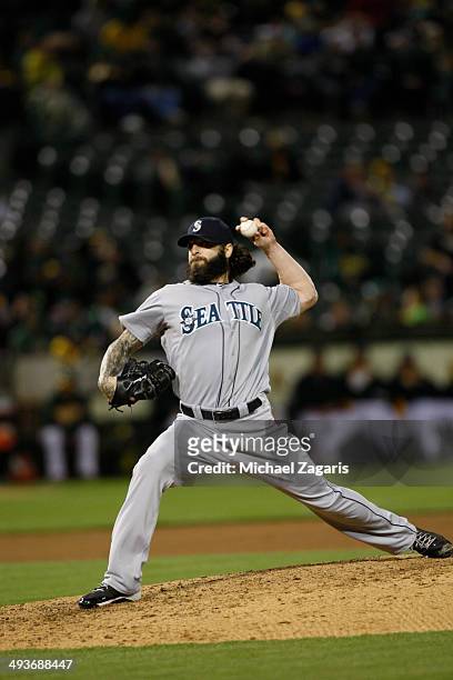 Joe Beimel of the Seattle Mariners pitches during the game against the Oakland Athletics at O.co Coliseum on May 5, 2014 in Oakland, California. The...