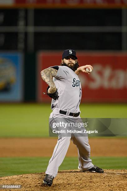 Joe Beimel of the Seattle Mariners during pitches the game against the Oakland Athletics at O.co Coliseum on May 5, 2014 in Oakland, California. The...