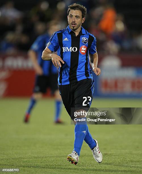 Hernan Bernardello of the Montreal Impact faces the the Colorado Rapids at Dick's Sporting Goods Park on May 24, 2014 in Commerce City, Colorado. The...