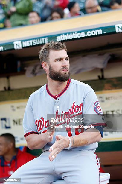 Kevin Frandsen of the Washington Nationals sits in the dugout prior to the game against the Oakland Athletics at O.co Coliseum on May 9, 2014 in...