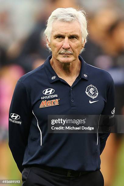 Blues coach Michael Malthouse looks ahead during the round 10 AFL match between the Carlton Blues and the Adelaide Crows at Melbourne Cricket Ground...
