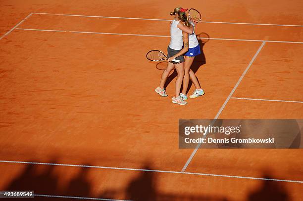 Karolina Pliskova of Czech Republic and Michaella Krajicek of Netherlands celebrate after winning the doubles competition during Day 8 of the...