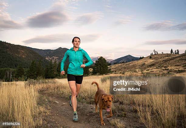 trail runner and dog out for a workout - trail running stock pictures, royalty-free photos & images