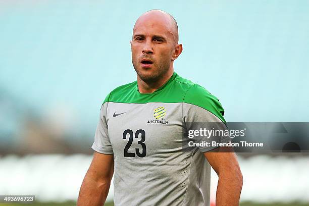 Mark Bresciano of Australia looks on during an Australian Socceroos training session at ANZ Stadium on May 25, 2014 in Sydney, Australia.