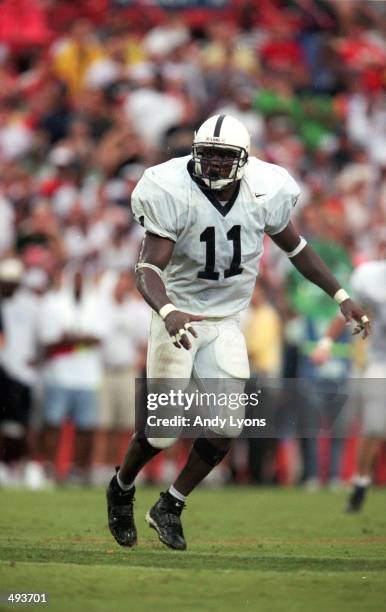 Lavar Arrington of the Penn State Nittany Lions moves on the field during the game against the Miami Hurricanes at the Orange Bowl in Miami, Florida....