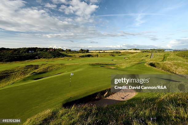 View from behind the green on the 123 yards par 3, 8th hole 'The Postage Stamp' on the Old Course at Royal Troon venue for the 2016 Open Championship...