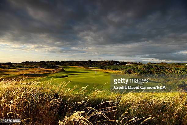 View from behind the green on the 431 yards par 4, 12th hole 'The Fox' on the Old Course at Royal Troon venue for the 2016 Open Championship on July...