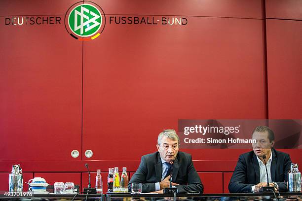 President Wolfgang Niersbach and DFB Media Director Ralf Koettker attend during a press conference to inform about FIFA World Cup 2006 Investigations...