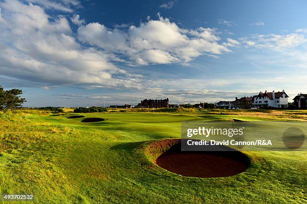 The approach to the green on the 542 yards par 5, 16th hole 'Well' on the Old Course at Royal Troon venue for the 2016 Open Championship on July 29,...