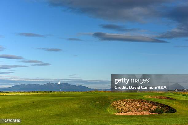 The green on the 222 yards par 3, 17th hole 'Rabbit' on the Old Course at Royal Troon with the Isle of Arran behind venue for the 2016 Open...