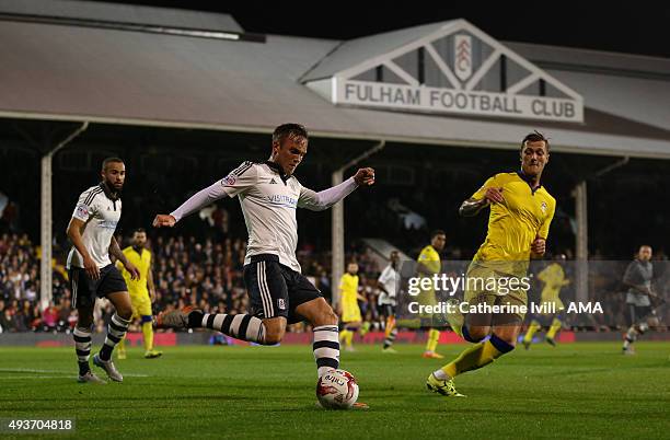 Lasse Vigen Christensen of Fulham and Liam Cooper of Leeds United during the Sky Bet Championship match between Fulham and Leeds United at Craven...