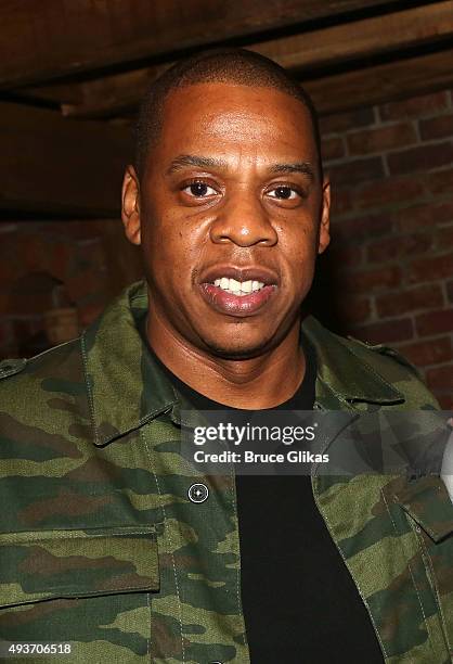 Jay Z poses backstage at the hit musical "Hamilton" on Broadway at The Richard Rogers Theater on October 21, 2015 in New York City.